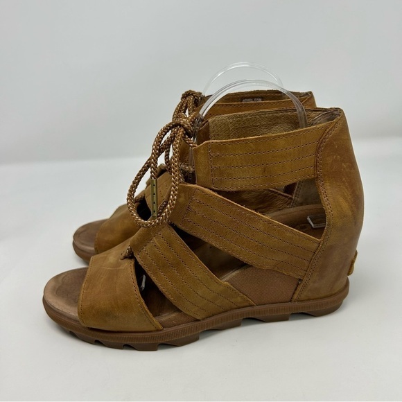 Sorel Joanie II Camel Brown Leather Lace Wedge Sandals Size 10 Summer Comfort - Picture 7 of 15